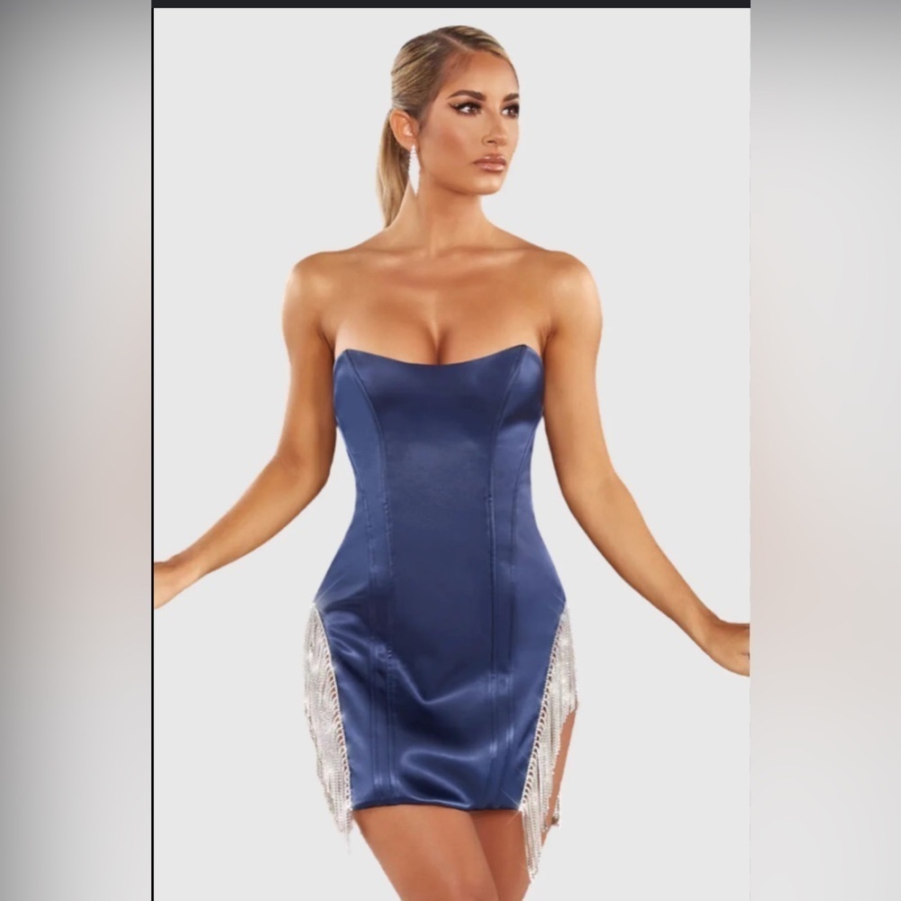 OH POLLY. Euphoria Embellished Bustier Satin Mini Dress Navy Blue Size 2